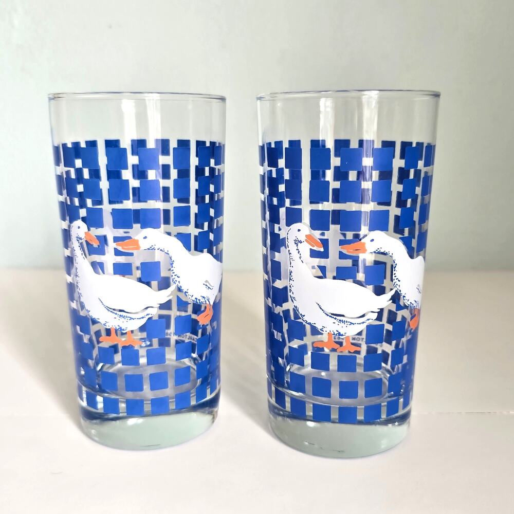 Vintage 80s Carlton White Geese Drinking Glassed Country Blue Checker Farmhouse